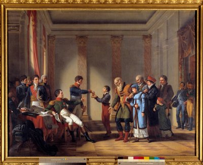 Liefdadigheid van Keizer Napoleon I tijdens de Poolse campagne in januari 1807: Keizer geeft een pensioen van honderd napoleons aan Nerocki, 117 jaar oud door Jean Charles Tardieu