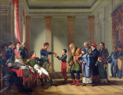 Napoleon Bonaparte geeft een pensioen van honderd Napoleons aan de Pool Nerecki, 117 jaar oud, januari 1807, 1812 door Jean Charles Tardieu