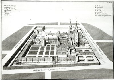 Uitzicht op de abdij van Saint-Germain-des-Pres voor 1640, gegraveerd door Antoine Herisset (1685-1769) door Jean Chaufourier