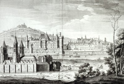 Zicht op de Abdij van Saint-Germain-des-Prés, het Louvre, Petit Bourbon, Montmartre en de Seine in 1410, gegraveerd door Antoine Herisset (1685-1769) door Jean Chaufourier