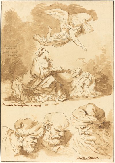 Hagar Getroost door een Engel (naar een schilderij van Castiglione) en Drie Hoofden van Oude Mannen (naar een schilderij van Ricci van Jezus en de Overspelige Vrouw) door Jean Claude Richard de Saint Non after Jean Honoré Fragonard