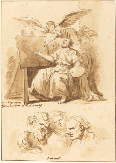 Sint Lucas aan zijn ezel en vier expressieve hoofden door Jean Claude Richard de Saint Non after Jean Honoré Fragonard after Andrea Celesti