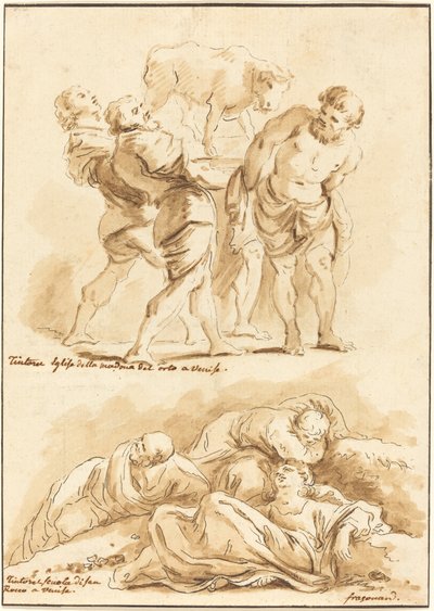 Aanbidding van het Gouden Kalf en Christus op de Olijfberg door Jean Claude Richard de Saint Non after Jean Honoré Fragonard after Jacopo Tintoretto