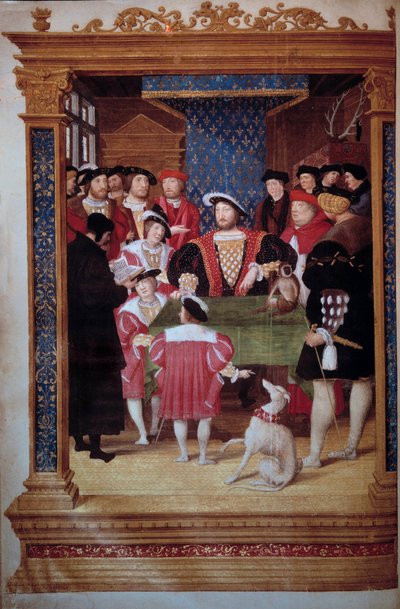 Antoine Macault leest zijn vertaling voor aan koning Francois I en zijn hof. De koning is omringd door zijn zonen Francois, Henri (toekomstige Hendrik II) en Charles. Links, vertegenwoordigers: Claude d