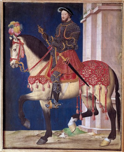 Ruiterportret van François I. Schilderij van de school van Jean Clouet door Jean Clouet