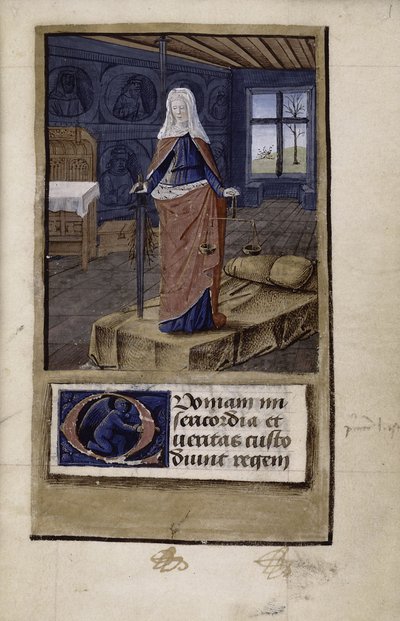 Allegorie van Justitie uit John of Wales Breviloquium de virtutibus antiquorum principum et philosophorum, 1475-1499 door Jean Colombe