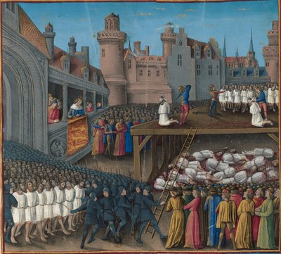 Bloedbad van de Saraceense gevangenen, bevolen door koning Richard Leeuwenhart, 1191, 1474-1475 door Jean Colombe