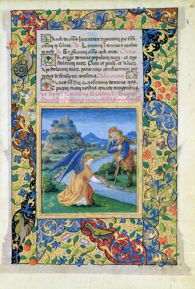 Tobias en de Engel, uit het Getijdenboek van Lodewijk van Orléans, 1469 door Jean Colombe
