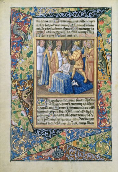 David wordt gekroond, uit het Getijdenboek van Lodewijk van Orléans, 1490 door Jean Colombe