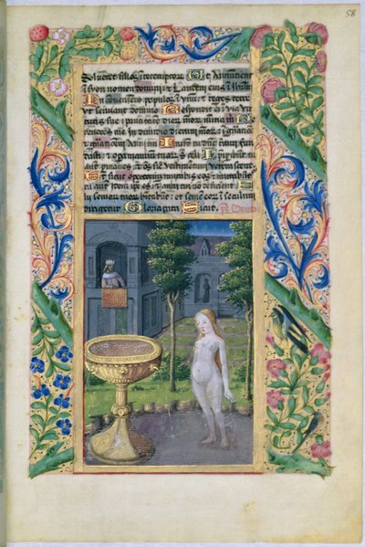 David bespiedt Bathseba terwijl ze baadt, uit het Getijdenboek van Lodewijk van Orléans, 1469 door Jean Colombe