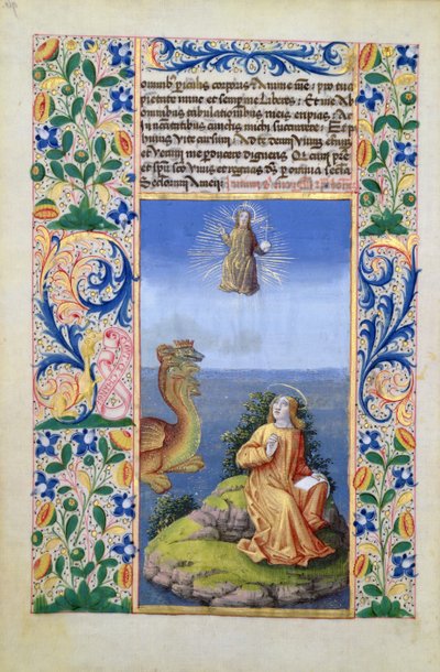 Sint Jan de Evangelist op het eiland Patmos, uit het Getijdenboek van Lodewijk van Orléans, 1469 door Jean Colombe
