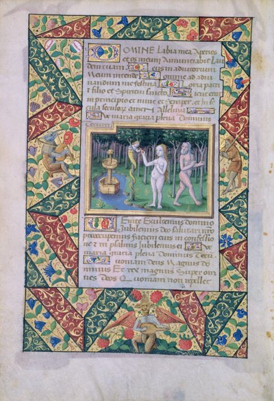 Ms Lat. Q.v.I.126 fol.12v De verleiding in de Hof van Eden, uit het Getijdenboek van Louis d