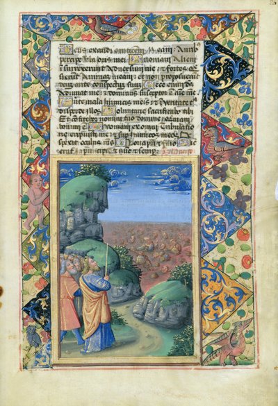 Mozes en de Israëlieten kijken hoe de Egyptenaren verdrinken in de zee, uit het Getijdenboek van Lodewijk van Orléans, 1490 door Jean Colombe