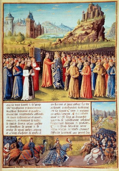Tweede Kruistocht (1147-1149): Koning Lodewijk VII neemt het kruis op in Vézelay in aanwezigheid van Sint Bernardus van Clairvaux en de bisschop van Versailles op 31/03/1146. Veel baronnen namen ook het kruis door Jean Colombe