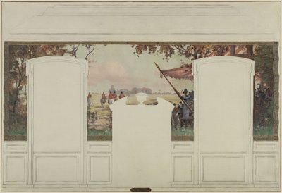 Schets voor het stadhuis van Fresnes: Landschap met tribunes en ruiters door Jean Constant Pape