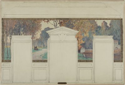 Schets voor het stadhuis van Fresnes: Landschap met wandelaars in de herfst door Jean Constant Pape