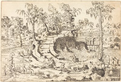 Putti Spelend in een Fantasierijk Landschap door Jean Cousin the Younger