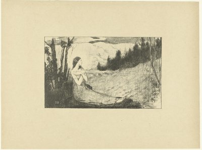 Heilige Agnes zit op rots in landschap door Jean Danguy