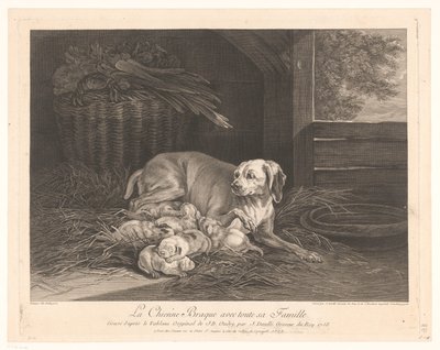 Bracke-hond met jongen in een stal door Jean Daullé