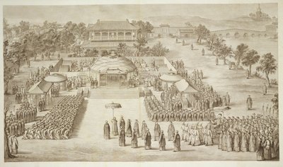 De Keizer Qianlong Ontvangt de Hulde van de Overwonnen Eleuths (Tartar Kalmucks) plaat 2 uit een serie prenten die de veroveringen van de Keizer van China voorstellen, gegraveerd door Jacques Philippe Le door Jean Denis Attiret