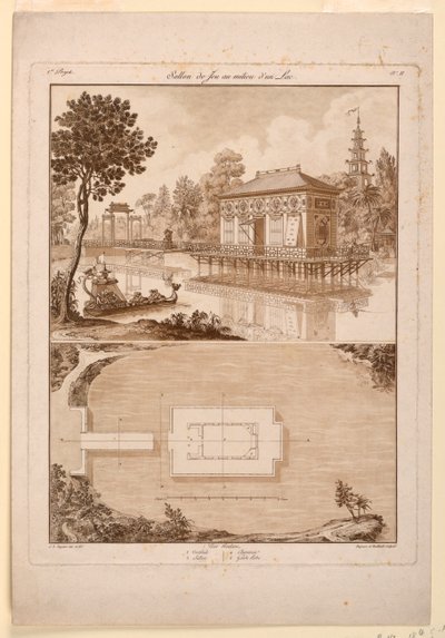 Ontwerp voor een Chinees paviljoen in een meer door Jean Démosthène Dugourc