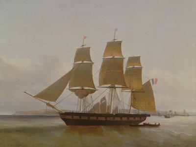 Drie-mast boot, in de haven van Le Havre, 1846 door Jean Dominique Drouin