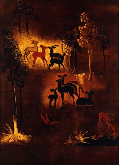 Een paneel versierd met herten in een boslandschap door Jean Dunand