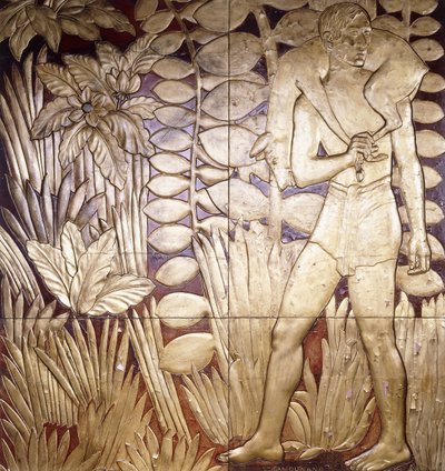 Vier gelakte en vergulde houten panelen van "La Chase", ca. 1935-1949 door Jean Dunand