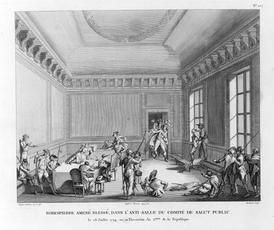 Robespierre gewond gebracht in de antichambre van het Comité de Salut Public op 28 juli 1794, gegraveerd door Pierre Gabriel Berthault door Jean Duplessi Bertaux