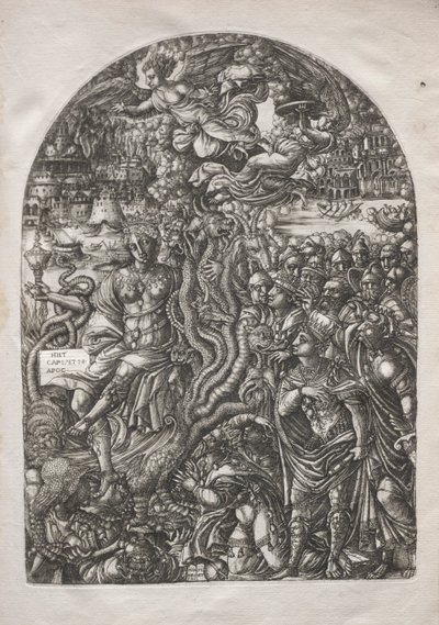 De Apocalyps: Babylon de hoer, gezeten op het zevenkoppige beest door Jean Duvet
