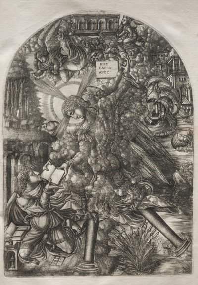 De Apocalyps: De engel geeft St. Jan het boek om te eten door Jean Duvet