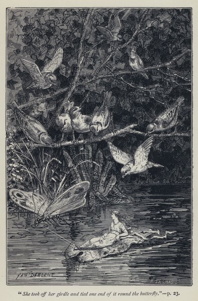 "Ze deed haar gordel af en bond een uiteinde ervan om de vlinder" (gravure) door Jean Edouard Dargent