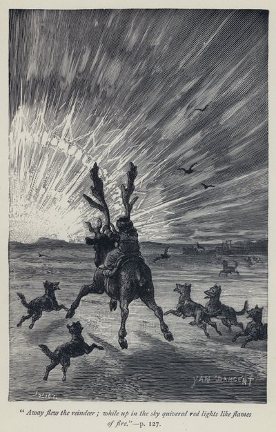 "Weg vlogen de rendieren, terwijl in de lucht rode lichten trilden als vlammen van vuur" door Jean Edouard Dargent