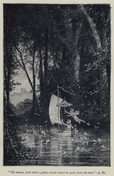 "Zes zwanen, elk met een gouden cirkel om hun nek, trokken de boot" door Jean Edouard Dargent