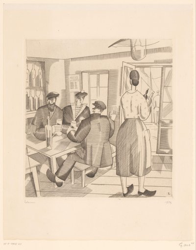 Caféinterieur met klanten en serveerster door Jean Emile Laboureur (signed by artist)