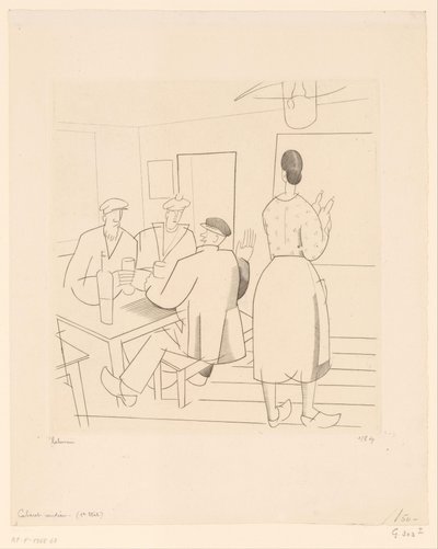 Caféinterieur met klanten en serveerster door Jean Emile Laboureur (signed by artist)