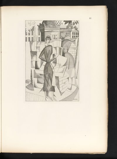 Man en vrouw bij een krantenkiosk door Jean Emile Laboureur