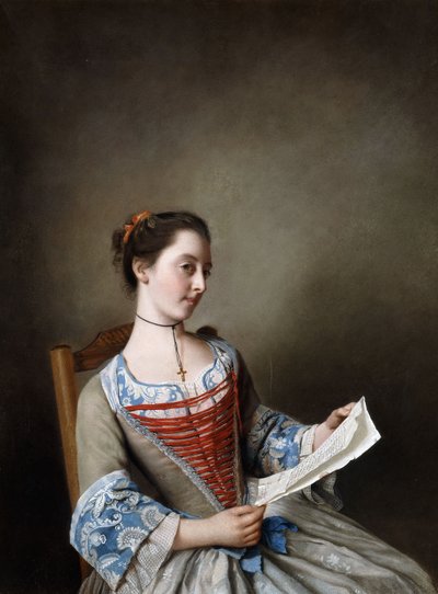La Belle Liseus: Portret van juffrouw Susanna Lewis, zittend, in het kostuum van een Lyonnaise boerin door Jean Étienne Liotard