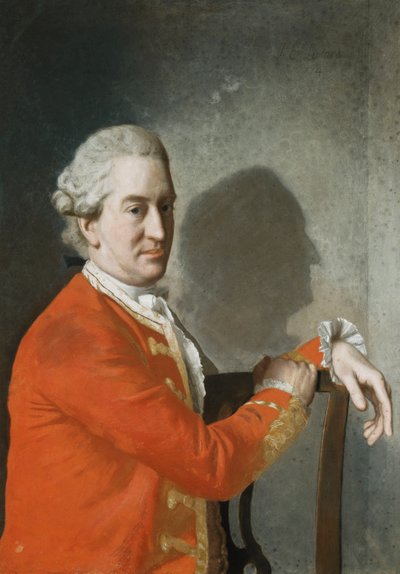 Portret van James Hamilton, 2e graaf van Clanbrassil, half lengte, in een rode jas, zittend in een mahoniehouten stoel, zijn profiel in schaduw op de muur achter hem door Jean Étienne Liotard