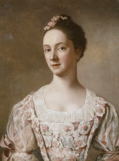 Portret van een Dame, Halflang, in een Roze en Witte Jurk door Jean Étienne Liotard