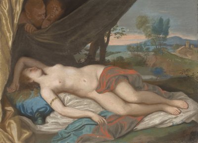 Slapende nimf bespied door saters, naar een schilderij gebaseerd op een prent naar Anthony van Dyck door Jean Étienne Liotard
