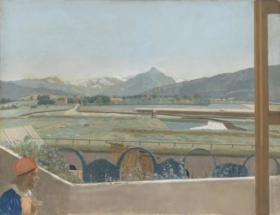 Uitzicht op het Mont Blanc-massief vanuit het atelier van de kunstenaar in Genève, met een zelfportret, 1765-70 door Jean Étienne Liotard