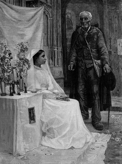 Offer aan God. Gravure naar het schilderij van Jean Eugene Buland (1852-1926). 19e eeuw. In 
