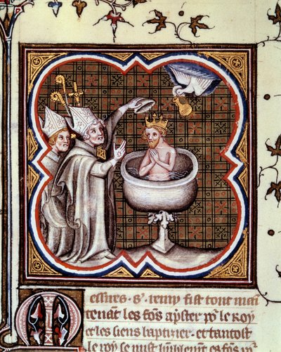 Doop van Clovis (466-511) door Sint Remigius (Saint Remi) in Reims in 496: de Heilige Geest brengt de heilige ampul met de heilige chrisma die wordt gebruikt voor de zalving van koningen. Miniatuur in “Grandes chroniques de France” door Jean Fouquet (1420- door Jean Fouquet