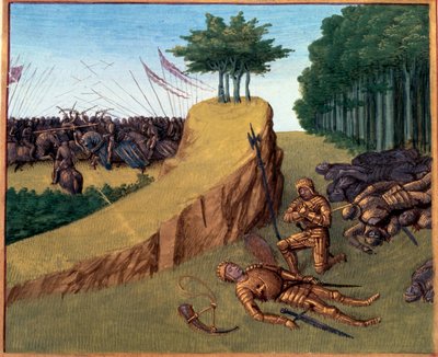 Slag bij Roncesvalles (778). Roland stierf in Roncevaux. Miniatuur in “Grandes Chroniques de France” (Folio 113) door Jean Fouquet (141.-147.) BN, Parijs. door Jean Fouquet