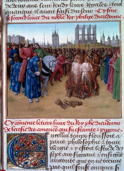 Veroordeling en marteling van de amauriciërs (aanhangers van Amaury de Chartres, Franse filosoof en theoloog uit de 12e eeuw) in aanwezigheid van Filips II, bekend als Filips Augustus (1165-1223). Manuscript “Grandes Chroniques de France” (Folio 236) door Jean Fouquet