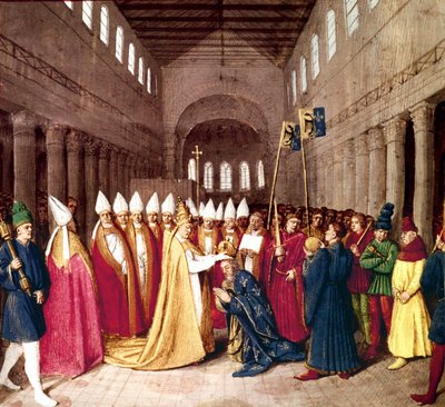 Kroning van Keizer Karel de Grote op 25 december 800 in Rome door Paus Leo III, verluchting uit Les Grandes Chroniques de France door Jean Fouquet, c. 1455-1460 door Jean Fouquet