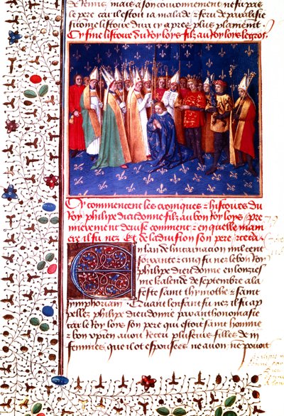Kroning van de Franse koning Filips II Auguste in 1179, ca.1455-60 (miniatuur) door Jean Fouquet