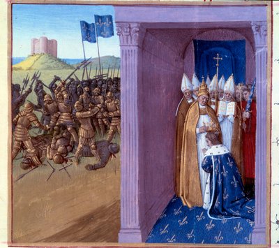 Nederlaag van Griffon (scène links): Gevecht van Pepijn de Korte (714-768) en zijn broer Griffon. Ringen van Pepijn de Korte in Laon in 754. Miniatuur in “Grandes chroniques de France” (Folio 76) verlucht door Jean Fouquet (15e eeuw) 1493. Parijs. B N door Jean Fouquet
