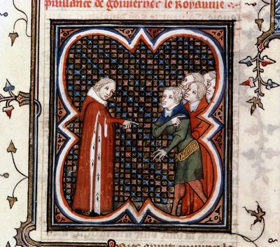 Etienne Marcel, een provoost van de kooplieden van Parijs, verteld door koning Jan II de Goede van Frankrijk om de "Grande Ordonance" van 1357 te respecteren en berispt voor zijn gedrag, in "De Grote Kronieken van Frankrijk" door Jean Fouquet, c. 1460 door Jean Fouquet